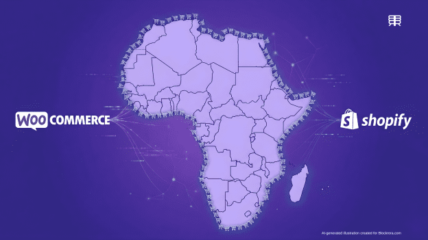 A minimalistic map of Africa with shopping cart icons on borders, flanked by WooCommerce and Shopify logos on a purple background.