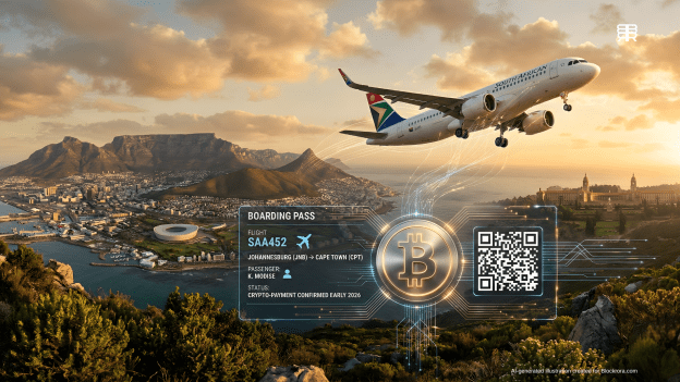 A South African Airways jet flying over Cape Town with a digital Bitcoin boarding pass overlay, representing SAA's cryptocurrency payment integration.