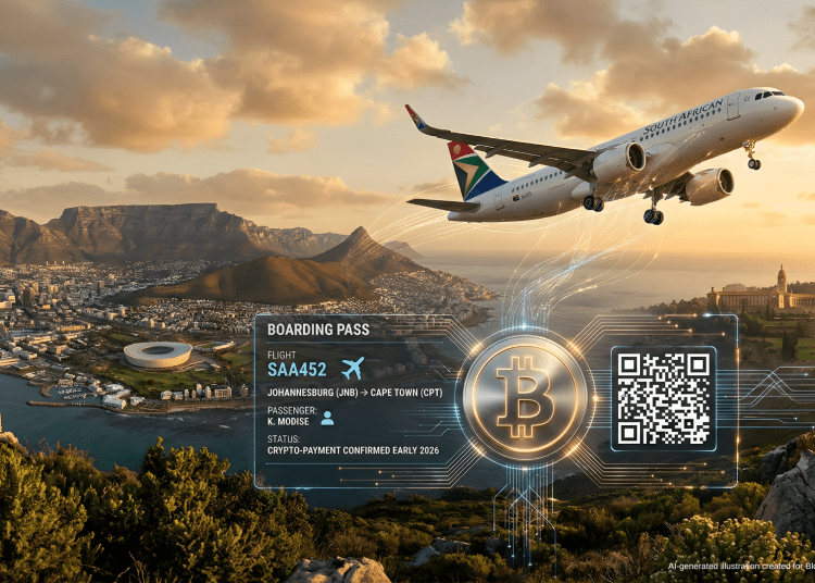 A South African Airways jet flying over Cape Town with a digital Bitcoin boarding pass overlay, representing SAA's cryptocurrency payment integration.