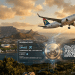 A South African Airways jet flying over Cape Town with a digital Bitcoin boarding pass overlay, representing SAA's cryptocurrency payment integration.
