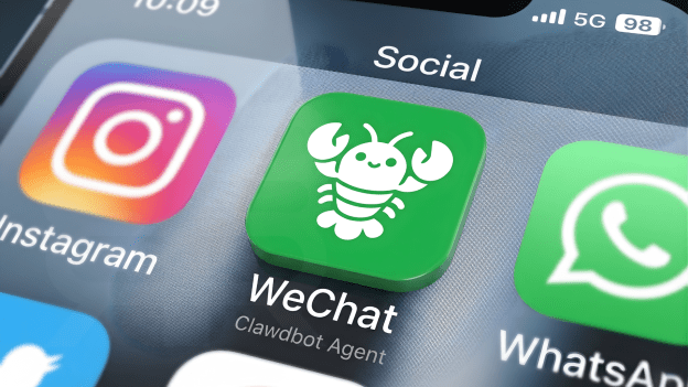 A smartphone screen showing the WeChat app icon customized with the white ClawBot lobster logo, representing Tencent's AI agent integration.