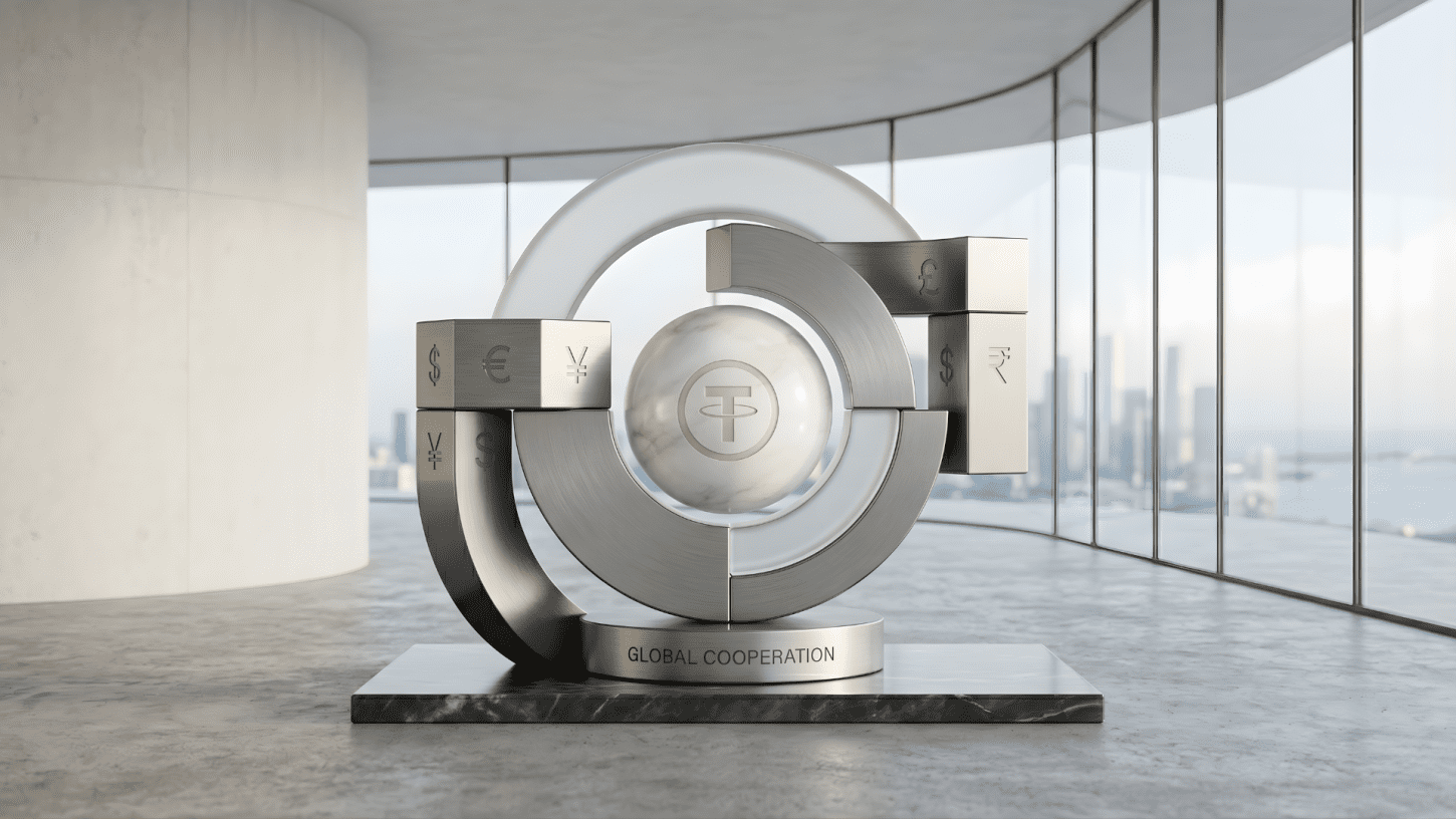 A minimalist 3D architectural sculpture featuring the Tether logo at the centre, interlocking with symbols for the Pound, Euro, and Yen in a clean, modern office setting.