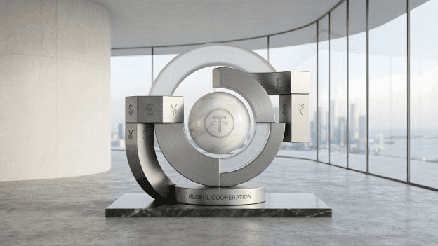 A minimalist 3D architectural sculpture featuring the Tether logo at the centre, interlocking with symbols for the Pound, Euro, and Yen in a clean, modern office setting.