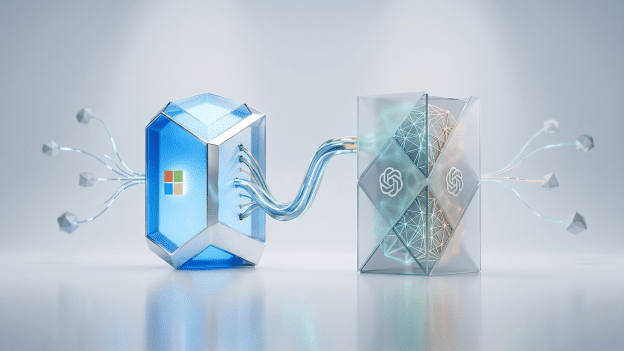 A minimalist 3D-style editorial image featuring the Microsoft and OpenAI logos housed in translucent, crystalline structures. The two entities are connected by glass-like conduits on a clean, neutral grey background, symbolising their evolving "open relationship" in the tech industry.