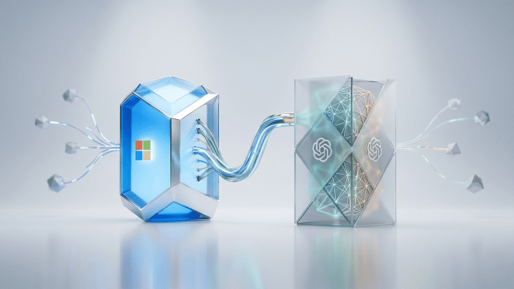 A minimalist 3D-style editorial image featuring the Microsoft and OpenAI logos housed in translucent, crystalline structures. The two entities are connected by glass-like conduits on a clean, neutral grey background, symbolising their evolving "open relationship" in the tech industry.