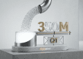 A minimalist 3D editorial rendering of a glass vessel being filled with spheres, symbolising Alphabet reaching 350 million paid subscriptions in Q1, featuring a clean white background and professional lighting.