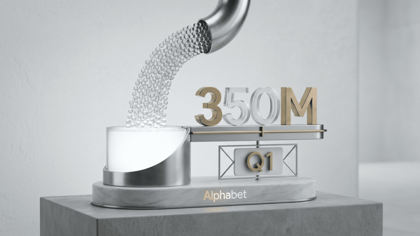 A minimalist 3D editorial rendering of a glass vessel being filled with spheres, symbolising Alphabet reaching 350 million paid subscriptions in Q1, featuring a clean white background and professional lighting.