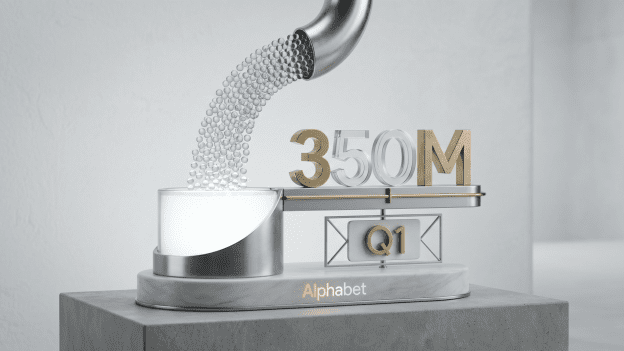 A minimalist 3D editorial rendering of a glass vessel being filled with spheres, symbolising Alphabet reaching 350 million paid subscriptions in Q1, featuring a clean white background and professional lighting.