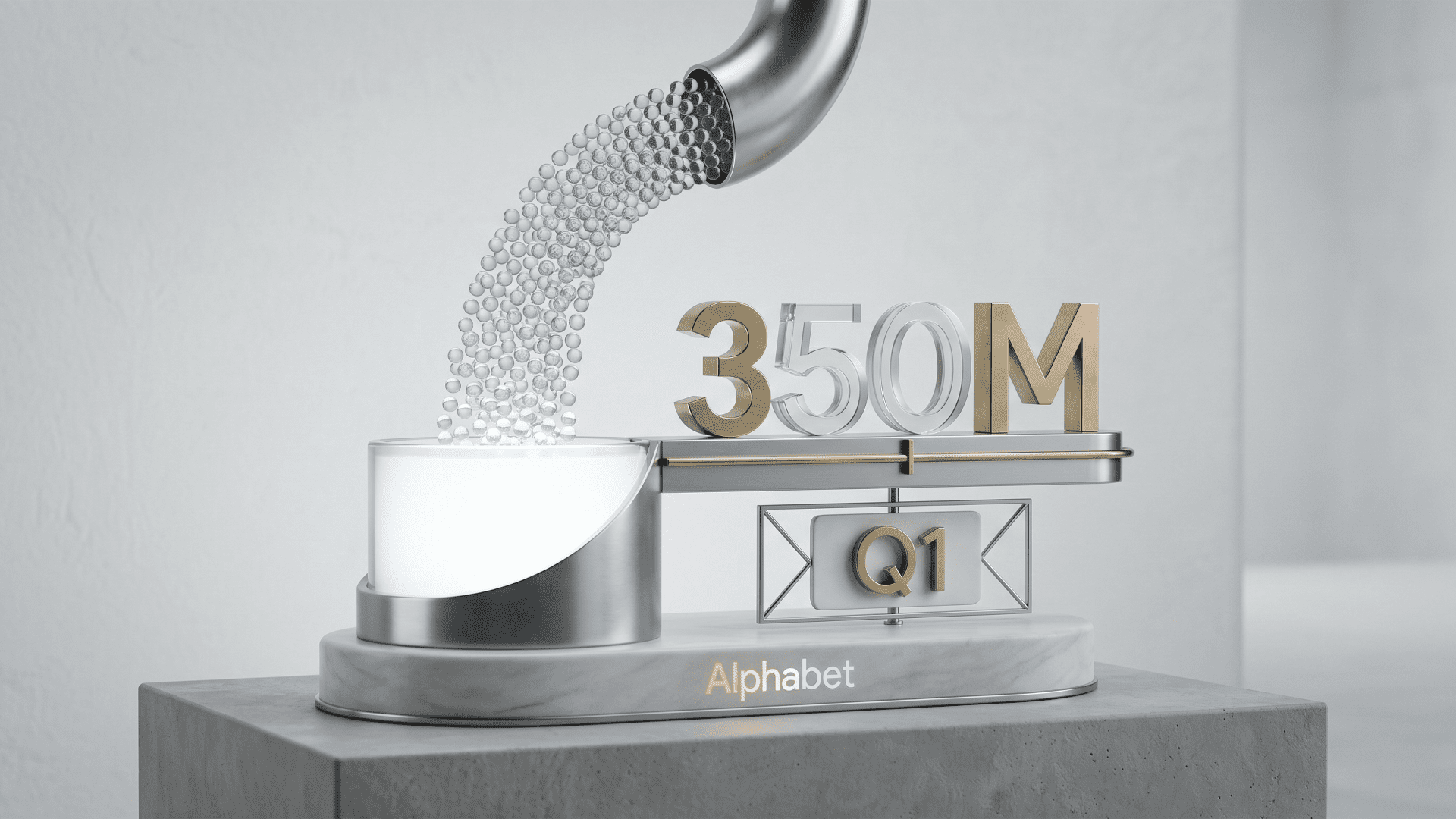 A minimalist 3D editorial rendering of a glass vessel being filled with spheres, symbolising Alphabet reaching 350 million paid subscriptions in Q1, featuring a clean white background and professional lighting.