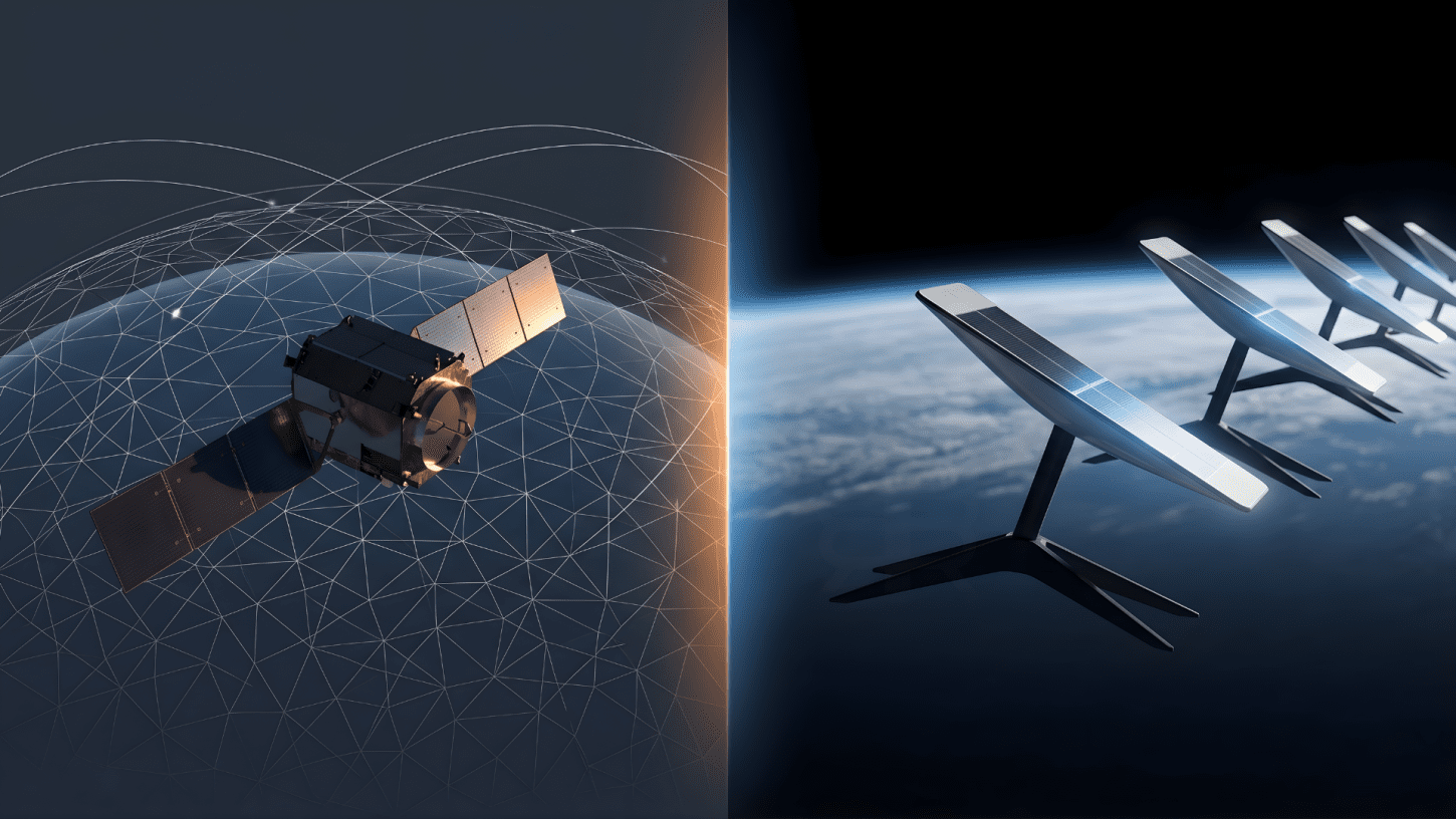 A split-screen comparison of an Amazon Project Kuiper satellite and a line of SpaceX Starlink satellites orbiting Earth, symbolising the race for universal internet.