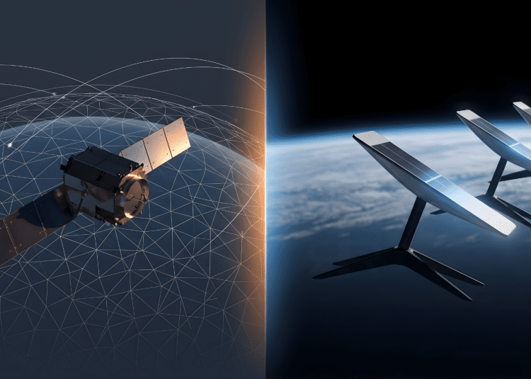 A split-screen comparison of an Amazon Project Kuiper satellite and a line of SpaceX Starlink satellites orbiting Earth, symbolising the race for universal internet.