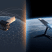 A split-screen comparison of an Amazon Project Kuiper satellite and a line of SpaceX Starlink satellites orbiting Earth, symbolising the race for universal internet.