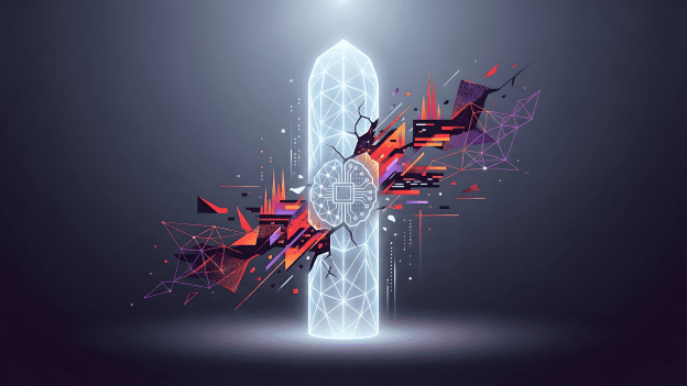 A minimalistic editorial illustration of a glowing digital pillar being breached by a circuit-integrated AI brain icon, representing Anthropic’s Mythos model and cyber security risks.