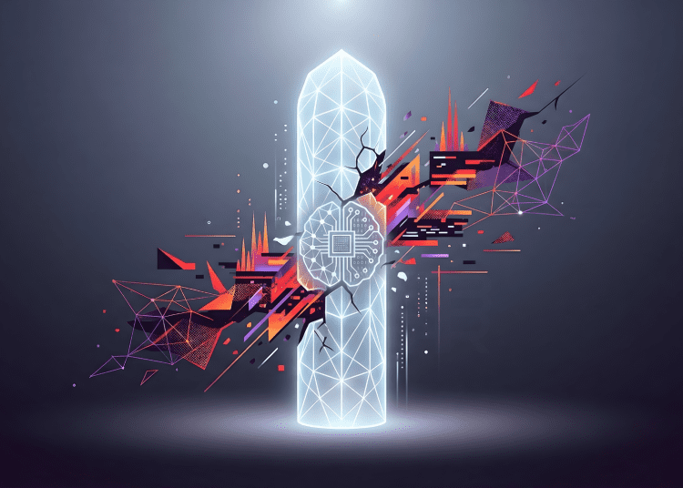 A minimalistic editorial illustration of a glowing digital pillar being breached by a circuit-integrated AI brain icon, representing Anthropic’s Mythos model and cyber security risks.