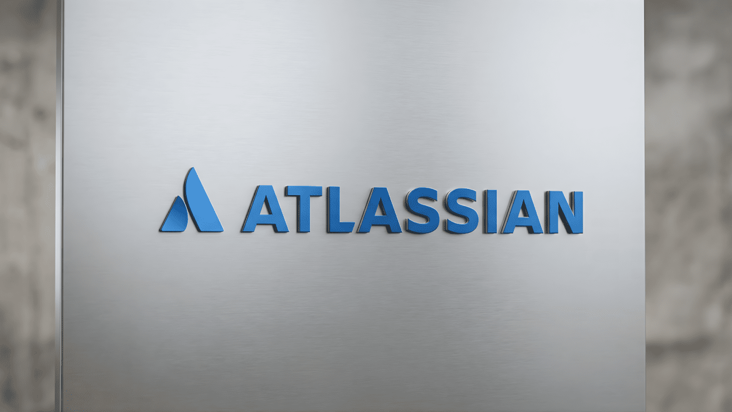 Atlassian logo displayed on a sleek, brushed metal surface, representing tech innovation and AI integration.