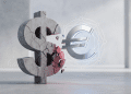 A cracked, weathered US dollar sign symbolising traditional dominance being displaced by a sleek, glowing Euro symbol encased in a digital blockchain network.