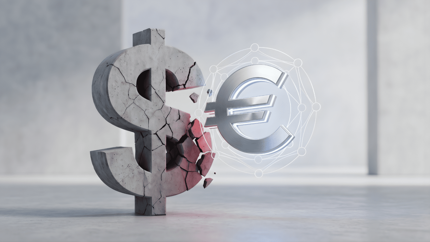 A cracked, weathered US dollar sign symbolising traditional dominance being displaced by a sleek, glowing Euro symbol encased in a digital blockchain network.