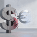 A cracked, weathered US dollar sign symbolising traditional dominance being displaced by a sleek, glowing Euro symbol encased in a digital blockchain network.