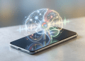 A minimalist editorial rendering of a smartphone displaying a glowing AI brain and voice waveforms, representing Google's offline-only Eloquent voice dictation app.