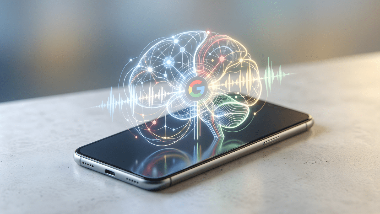A minimalist editorial rendering of a smartphone displaying a glowing AI brain and voice waveforms, representing Google's offline-only Eloquent voice dictation app.