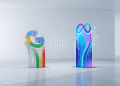 A minimalist 3D editorial illustration comparing tech giants. On the left, a cracked and weathered Google 'G' logo represents a market slump, while on the right, a vibrant, glowing Meta logo rises with upward-pointing arrows, symbolising corporate resilience.