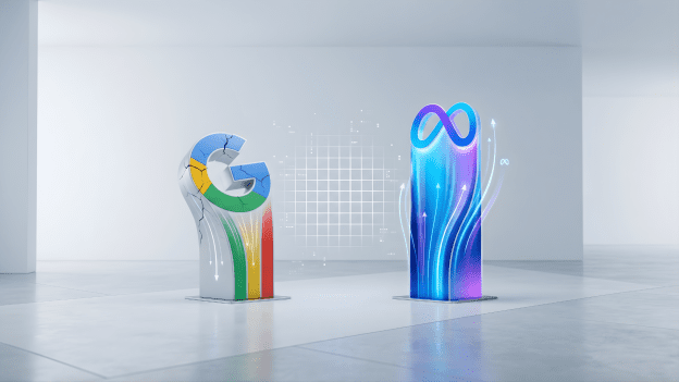 A minimalist 3D editorial illustration comparing tech giants. On the left, a cracked and weathered Google 'G' logo represents a market slump, while on the right, a vibrant, glowing Meta logo rises with upward-pointing arrows, symbolising corporate resilience.