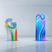 A minimalist 3D editorial illustration comparing tech giants. On the left, a cracked and weathered Google 'G' logo represents a market slump, while on the right, a vibrant, glowing Meta logo rises with upward-pointing arrows, symbolising corporate resilience.
