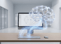 Minimalist workstation with a digital brain emerging from a keyboard, symbolising Meta's keystroke tracking policy for AI training.