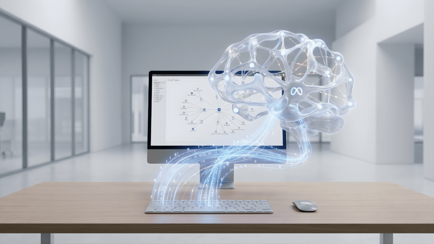 Minimalist workstation with a digital brain emerging from a keyboard, symbolising Meta's keystroke tracking policy for AI training.