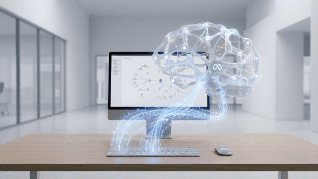 Minimalist workstation with a digital brain emerging from a keyboard, symbolising Meta's keystroke tracking policy for AI training.