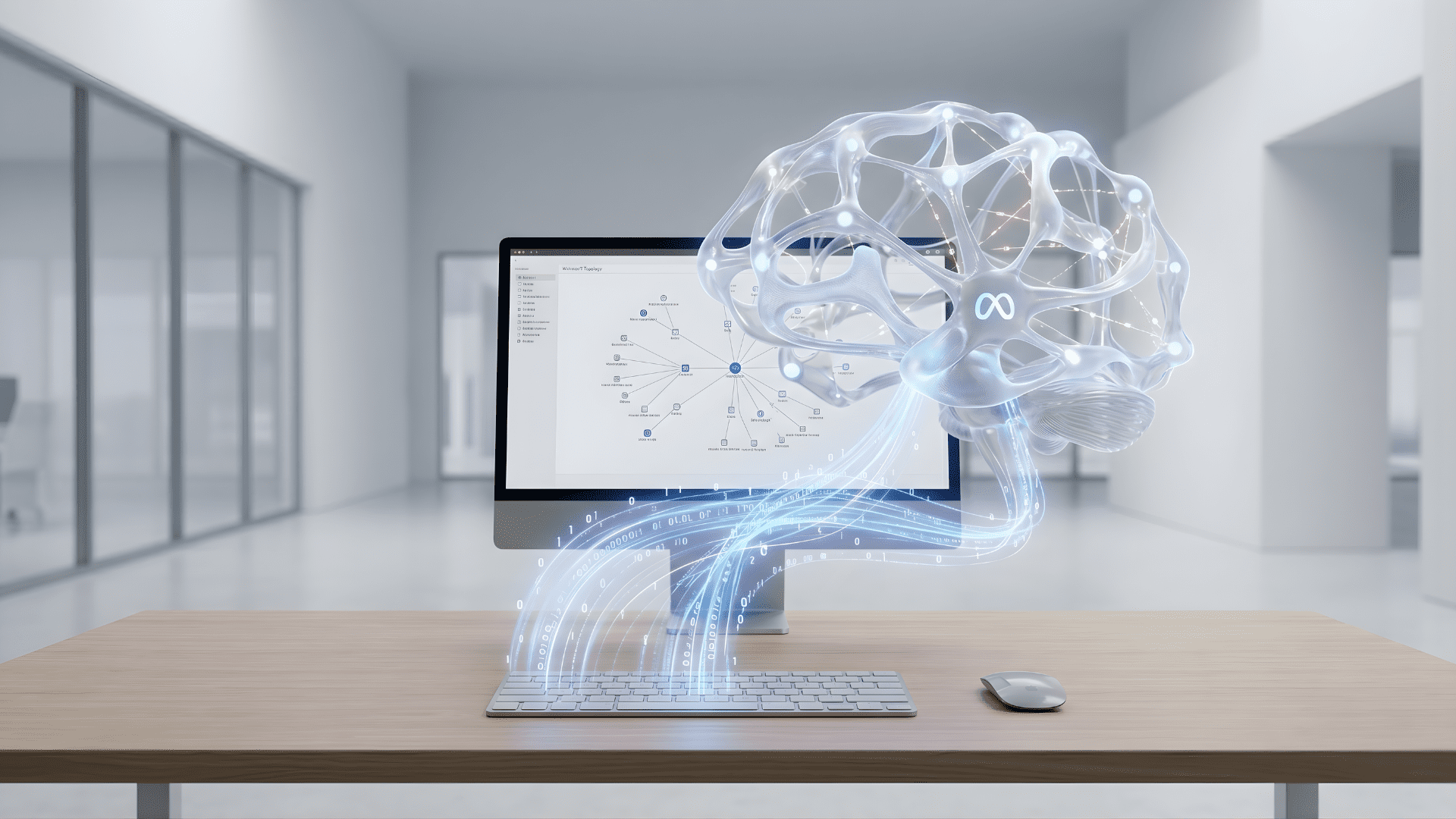Minimalist workstation with a digital brain emerging from a keyboard, symbolising Meta's keystroke tracking policy for AI training.