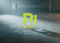 Minimalist editorial 3D rendering of the Pi by MTN logo centered on a dark textured floor with a glowing digital ripple effect, representing MTN's digital network disruption in South Africa.