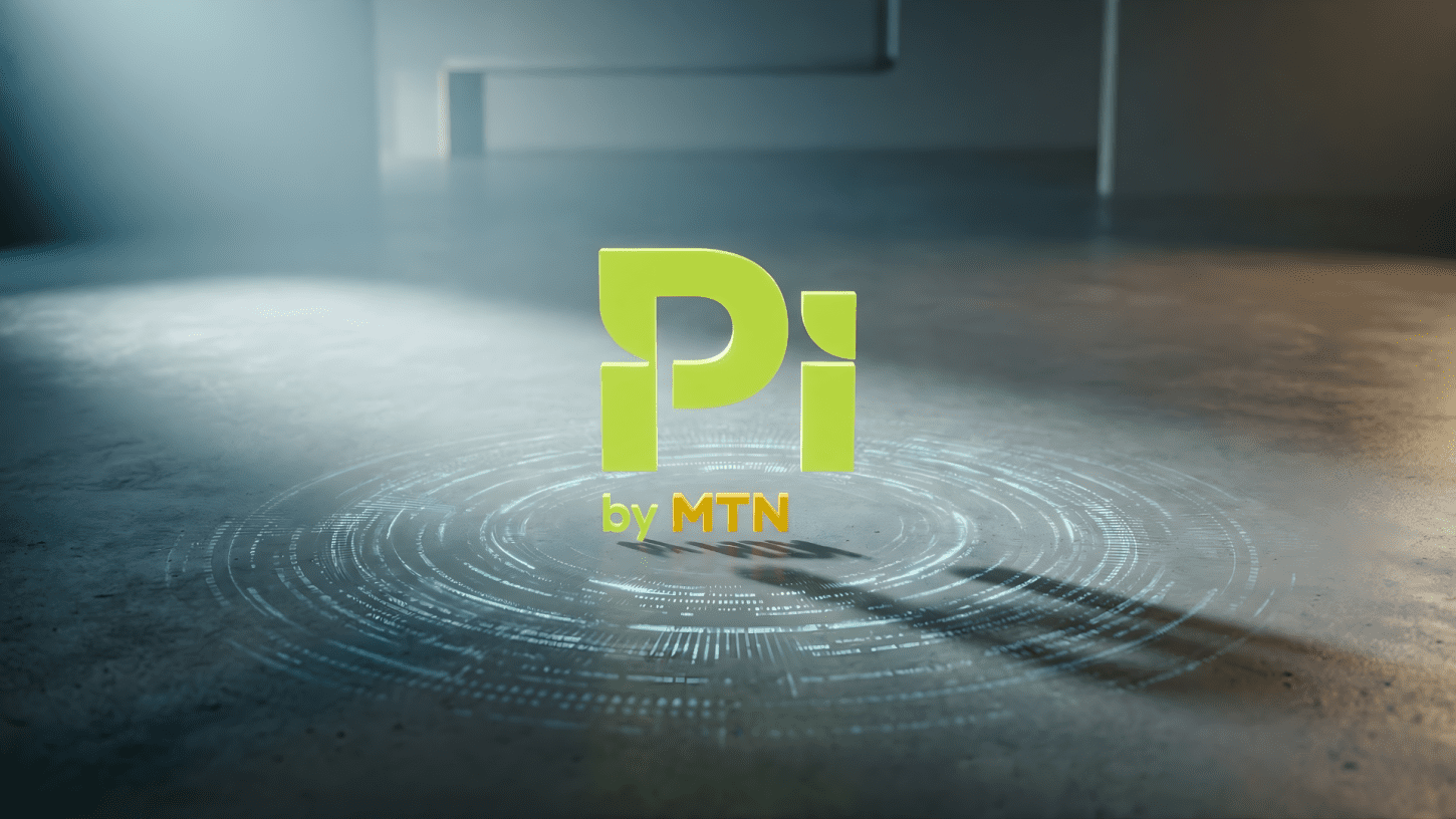 Minimalist editorial 3D rendering of the Pi by MTN logo centered on a dark textured floor with a glowing digital ripple effect, representing MTN's digital network disruption in South Africa.