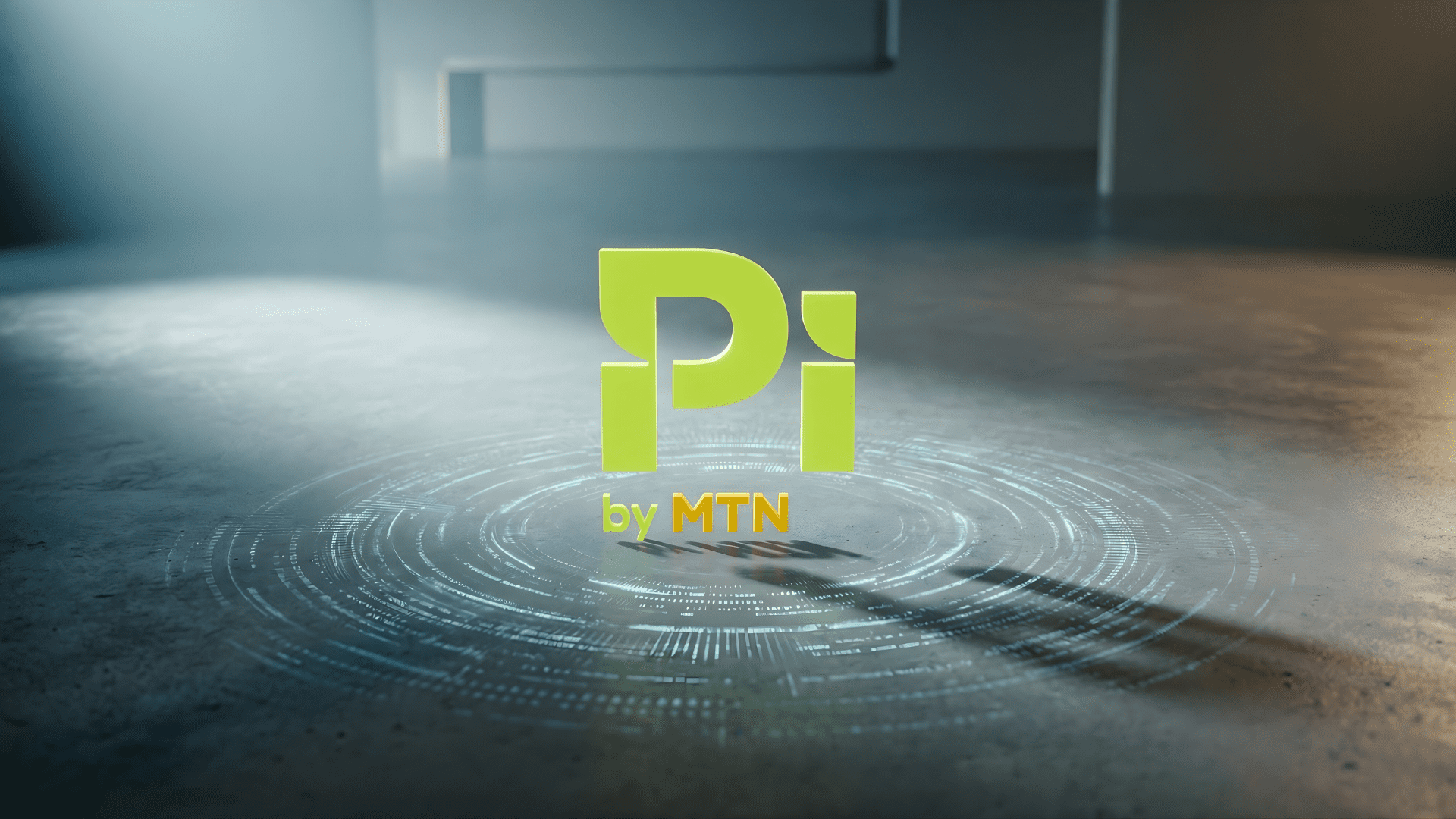 Minimalist editorial 3D rendering of the Pi by MTN logo centered on a dark textured floor with a glowing digital ripple effect, representing MTN's digital network disruption in South Africa.