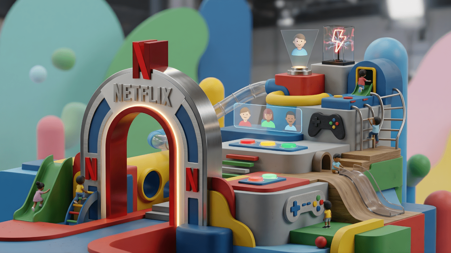 A minimalist editorial photo of a conceptual Netflix Playground gaming hub for kids, featuring sleek colorful structures, gaming controls, and the Netflix logo.