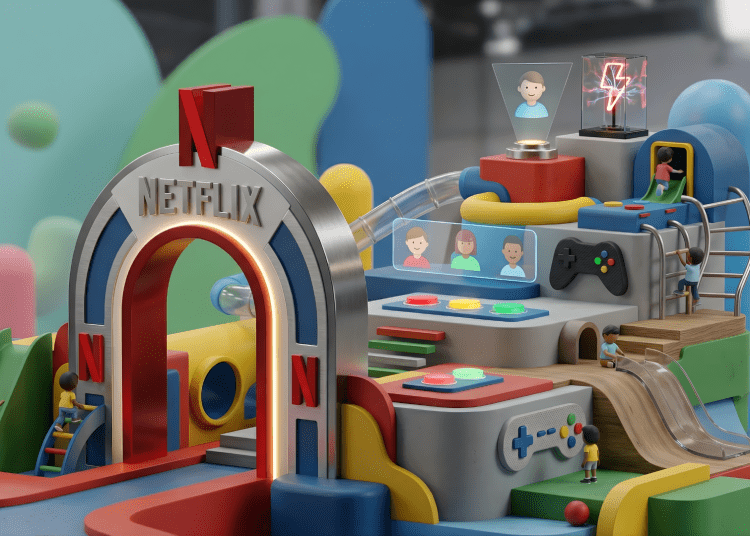 A minimalist editorial photo of a conceptual Netflix Playground gaming hub for kids, featuring sleek colorful structures, gaming controls, and the Netflix logo.
