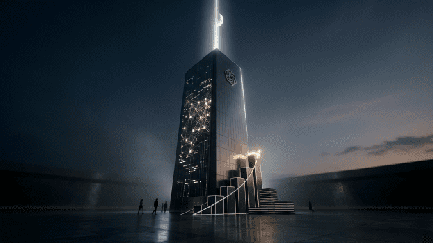 Minimalist editorial illustration of a glowing digital monolith with the OpenAI logo, symbolizing the $122 billion moonshot funding round.