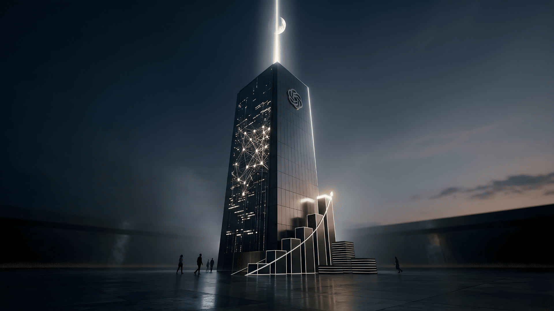 Minimalist editorial illustration of a glowing digital monolith with the OpenAI logo, symbolizing the $122 billion moonshot funding round.