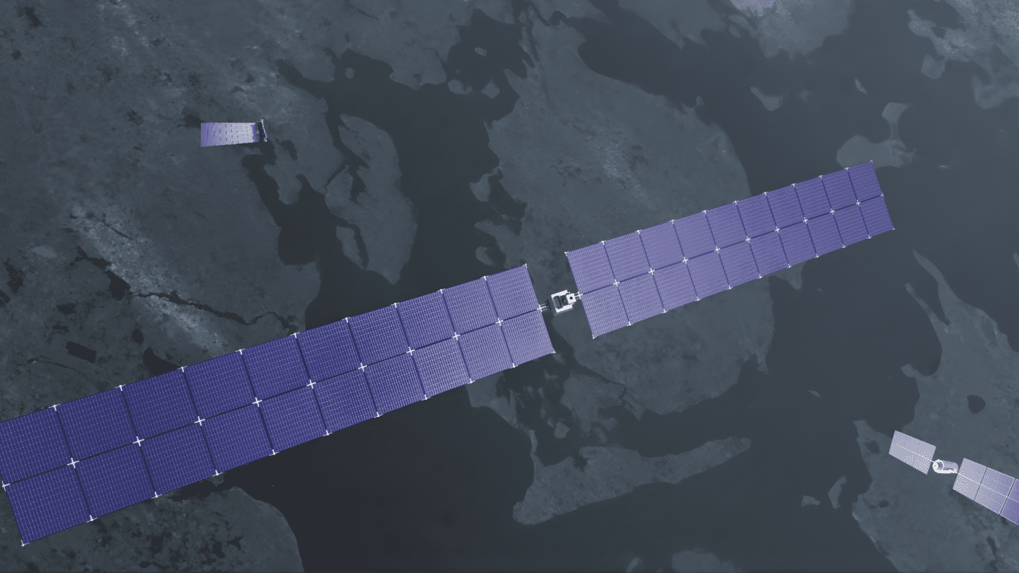 Orbital compute satellite node in Low Earth Orbit with solar panels and TILE architecture.
