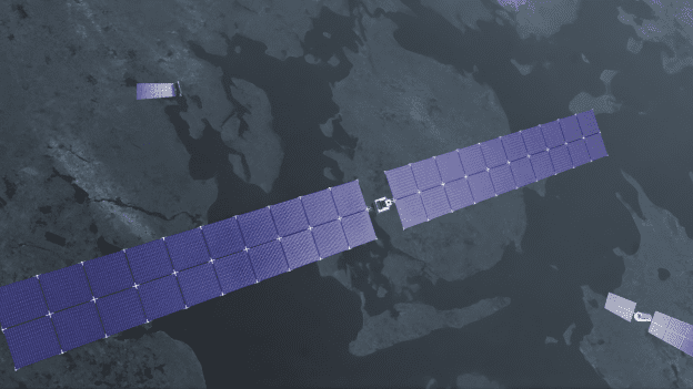 Orbital compute satellite node in Low Earth Orbit with solar panels and TILE architecture.