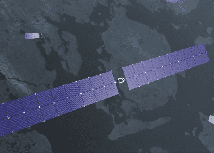 Orbital compute satellite node in Low Earth Orbit with solar panels and TILE architecture.
