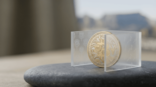 Minimalist 3D editorial image of a Bitcoin coin featuring South African protea and springbok motifs, enclosed within frosted glass barriers to represent 2026 capital controls.