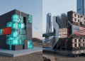 A split-screen diptych contrasting two massive tech installations. On the left, a structure in a desert with ancient ruins, featuring glowing cyan data panels and Chinese flags. On the right, a complex high-performance computer structure with American flags and many cooling fans, in a modern city with skyscrapers. A data cable connects the two sides.