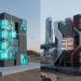 A split-screen diptych contrasting two massive tech installations. On the left, a structure in a desert with ancient ruins, featuring glowing cyan data panels and Chinese flags. On the right, a complex high-performance computer structure with American flags and many cooling fans, in a modern city with skyscrapers. A data cable connects the two sides.