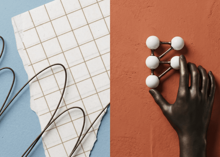 A minimalist 3D photographic editorial illustration representing Claude Opus 4.8 dynamic workflows, featuring a metallic hand interacting with white network nodes on a terracotta background.