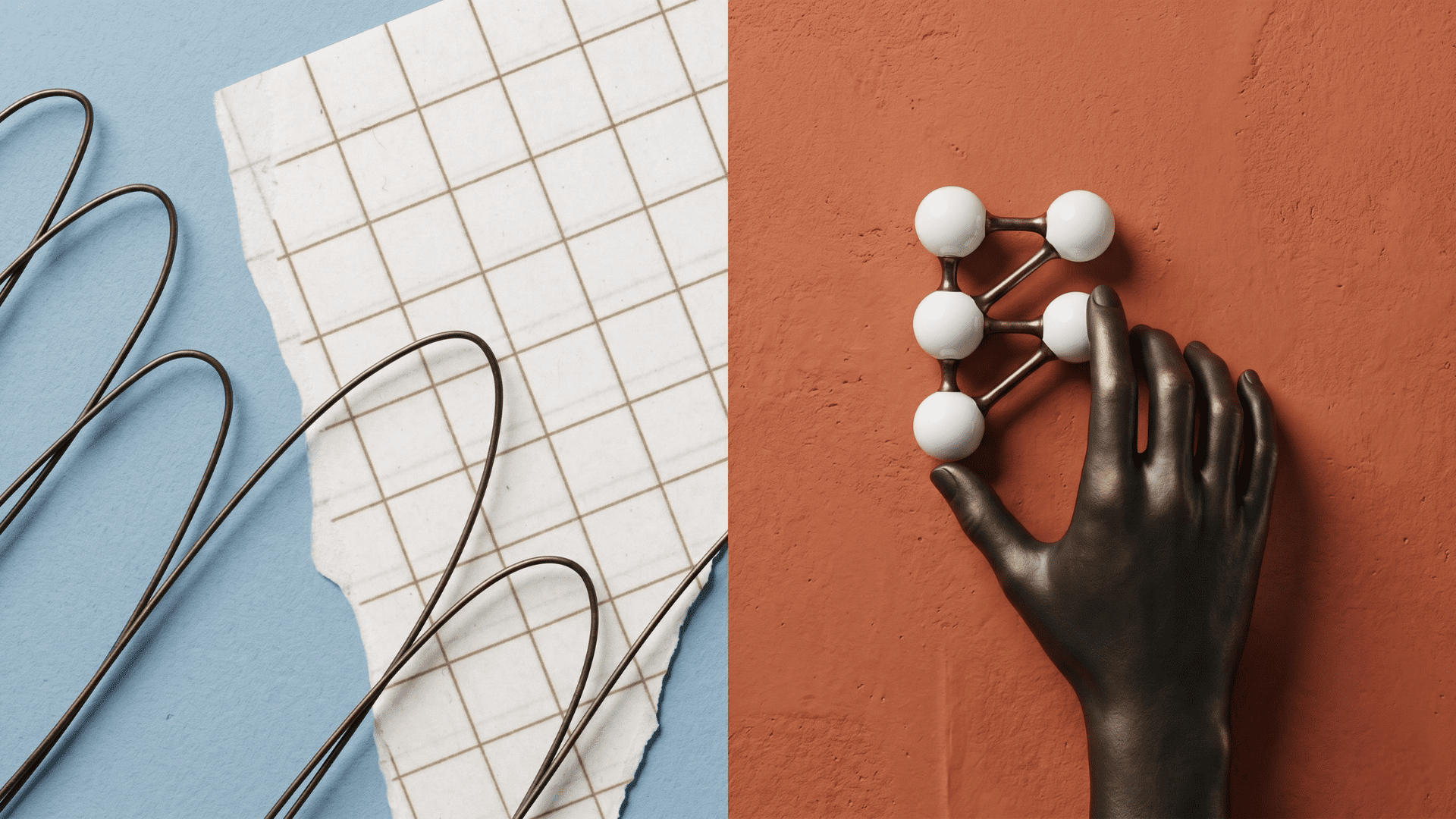 A minimalist 3D photographic editorial illustration representing Claude Opus 4.8 dynamic workflows, featuring a metallic hand interacting with white network nodes on a terracotta background.