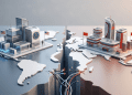 A professional, minimalistic 3D editorial image showing two fractured geographical blocks representing the US and China, with severed fibre-optic cables in between and data centres on each surface.