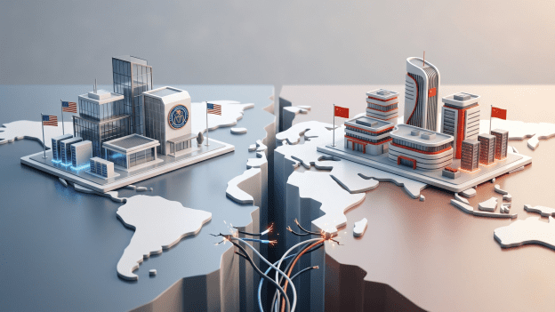 A professional, minimalistic 3D editorial image showing two fractured geographical blocks representing the US and China, with severed fibre-optic cables in between and data centres on each surface.