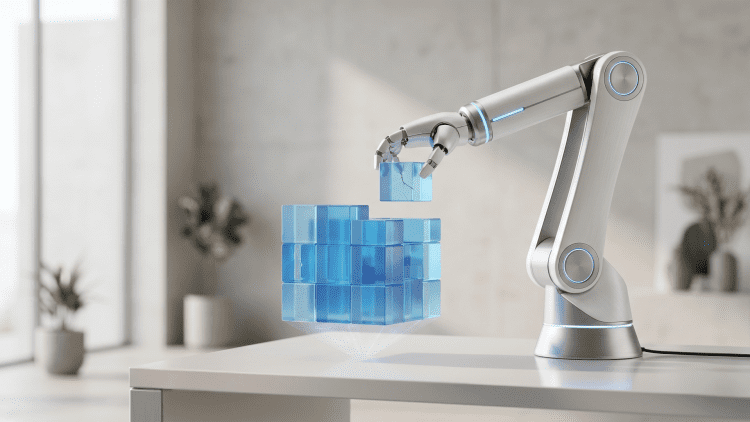 A minimalist editorial photograph of a sleek robotic arm placing a cracked, translucent blue digital cube onto a holographic structure, symbolising AI fabricating task executions.