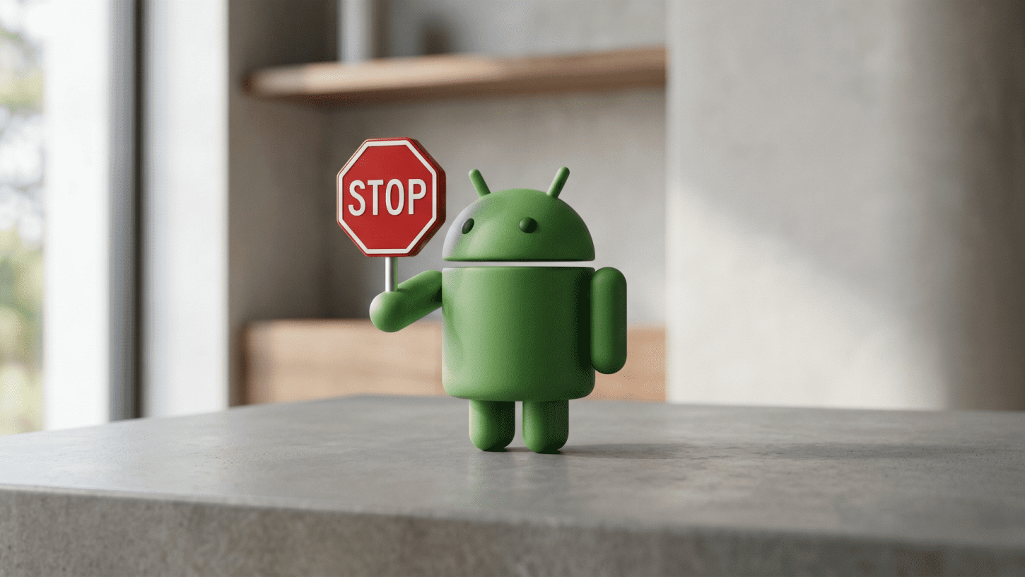 A 3D minimalist figurine of the green Android robot holding a small red stop sign, standing on a grey concrete surface with a blurred interior background.